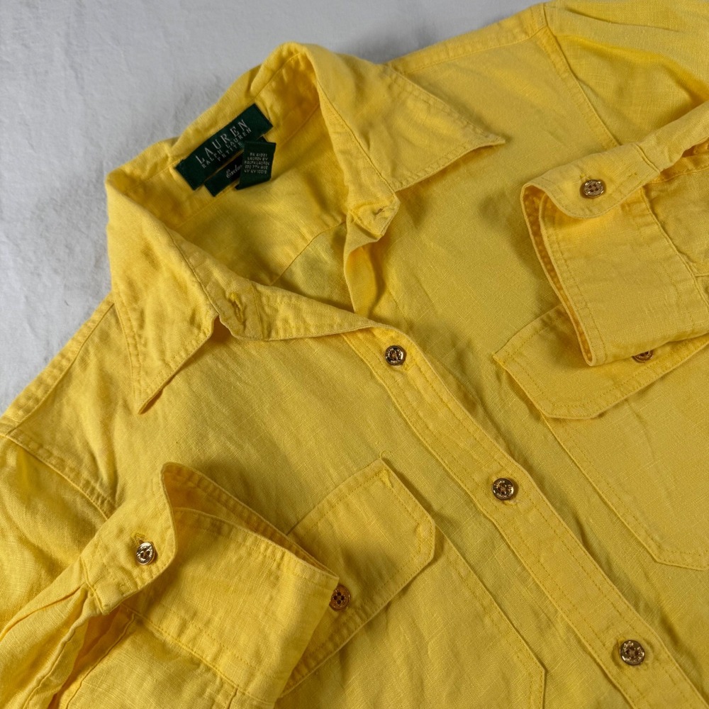 Lauren Ralph Lauren Women's Size Petite P Yellow 100% Linen Button Down Shirt